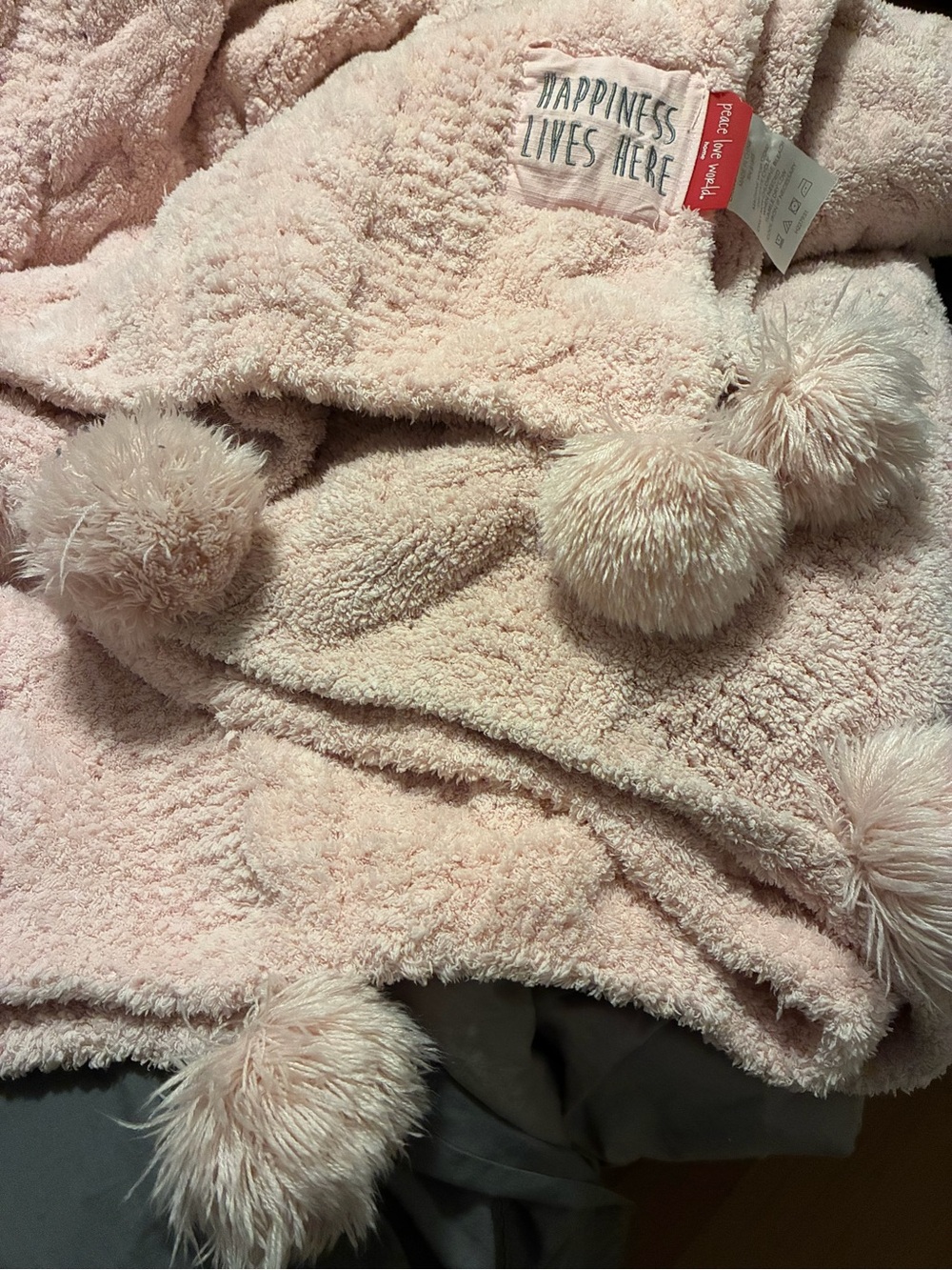Peace Love World  Pom-Pom throw blanket in Light Pink